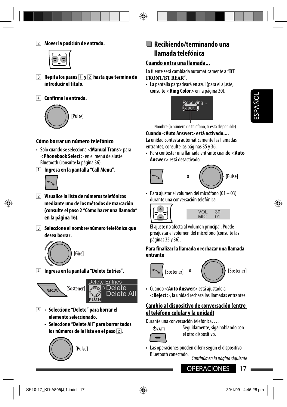 Recibiendo/terminando una llamada telefónica, 17 operaciones español | JVC CD Receiver KD-R800 User Manual | Page 67 / 151