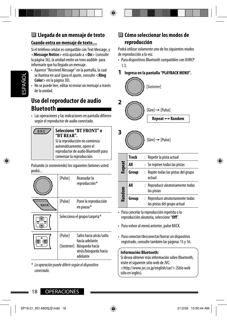 Uso del reproductor de audio bluetooth, Llegada de un mensaje de texto, Cómo seleccionar los modos de reproducción | 18 operaciones español | JVC CD Receiver KD-R800 User Manual | Page 68 / 151