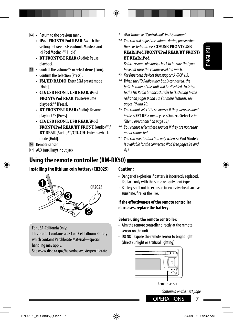 Using the remote controller (rm-rk50), English 7 operations | JVC CD Receiver KD-R800 User Manual | Page 7 / 151