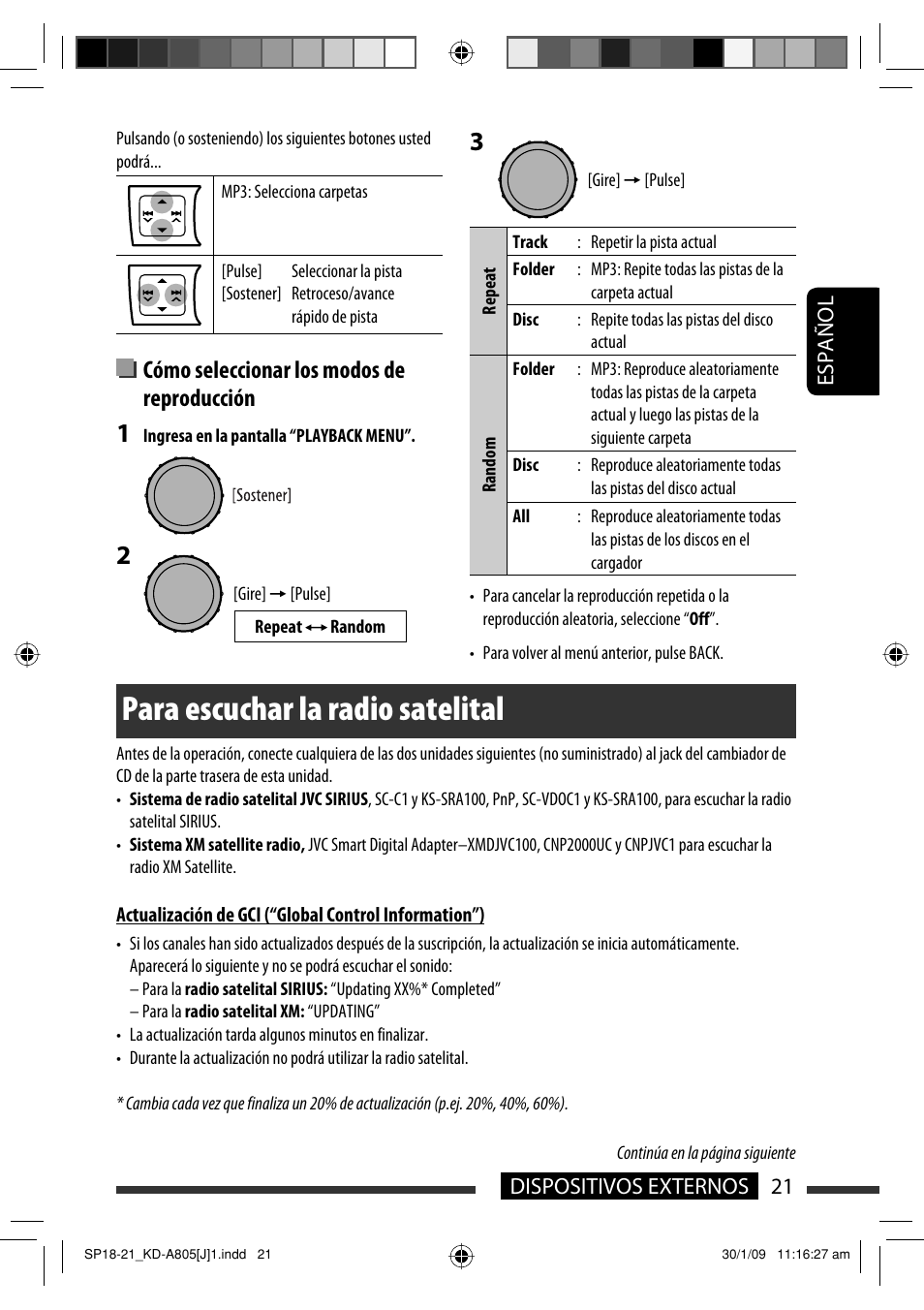 Para escuchar la radio satelital, Cómo seleccionar los modos de reproducción | JVC CD Receiver KD-R800 User Manual | Page 71 / 151