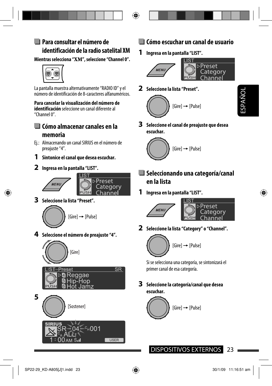 Cómo escuchar un canal de usuario, Seleccionando una categoría/canal en la lista | JVC CD Receiver KD-R800 User Manual | Page 73 / 151