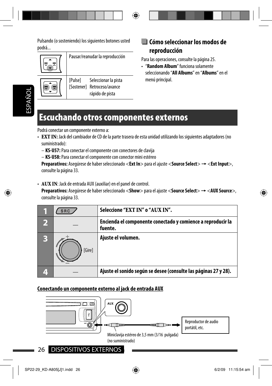 Escuchando otros componentes externos, Cómo seleccionar los modos de reproducción | JVC CD Receiver KD-R800 User Manual | Page 76 / 151