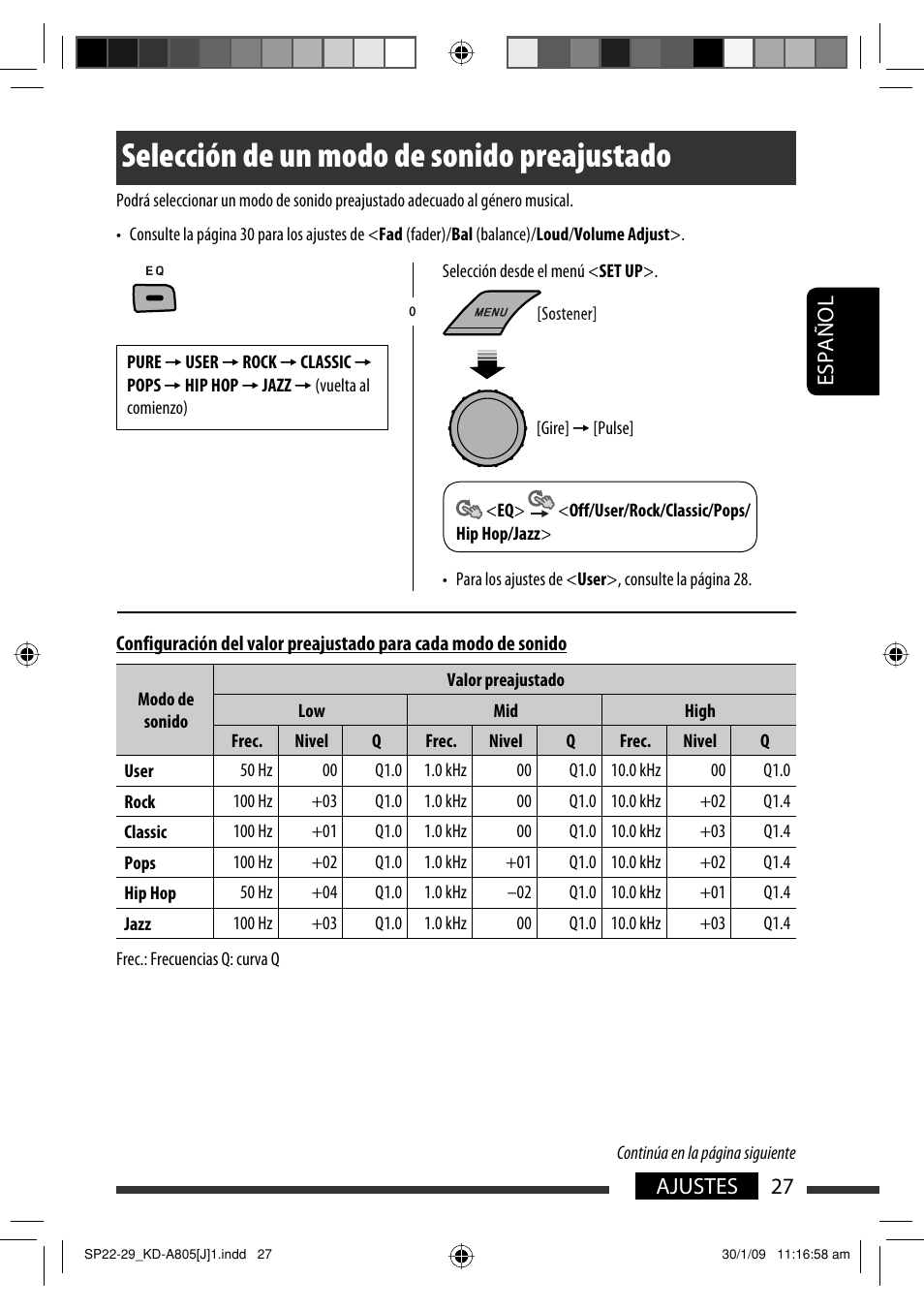 Selección de un modo de sonido preajustado, 27 ajustes español | JVC CD Receiver KD-R800 User Manual | Page 77 / 151