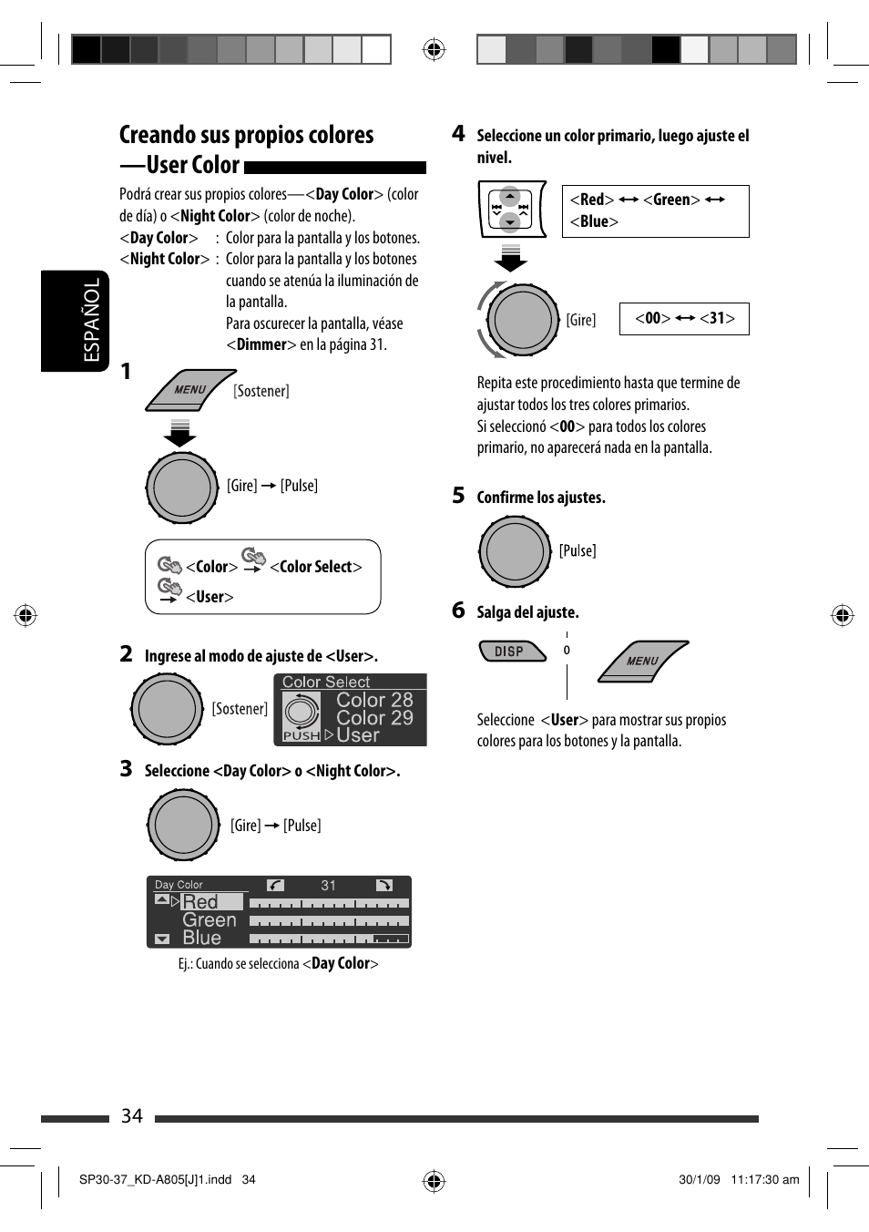 Creando sus propios colores —user color, Español 34 | JVC CD Receiver KD-R800 User Manual | Page 84 / 151