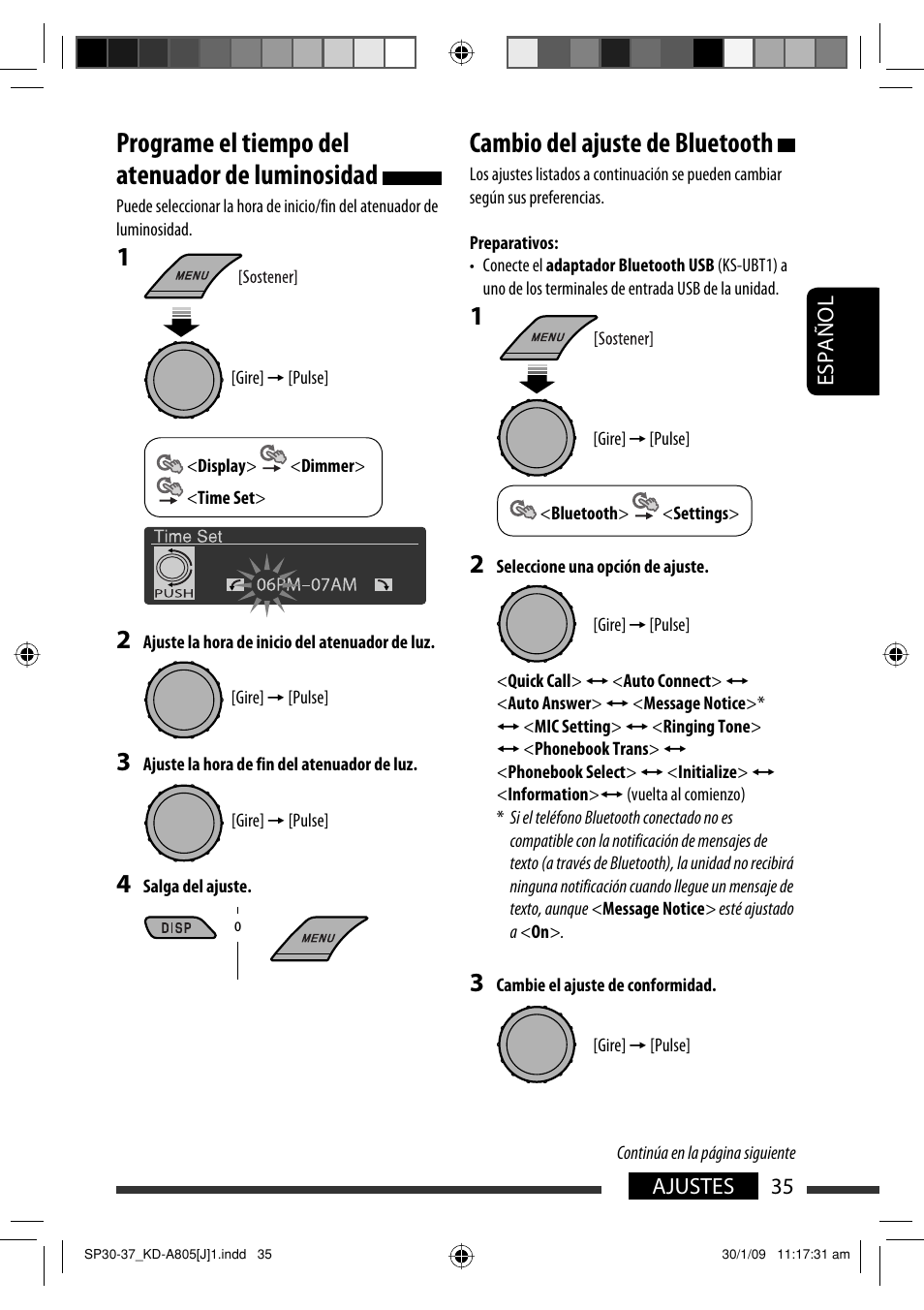 Programe el tiempo del atenuador de luminosidad, Cambio del ajuste de bluetooth, Español 35 ajustes | JVC CD Receiver KD-R800 User Manual | Page 85 / 151