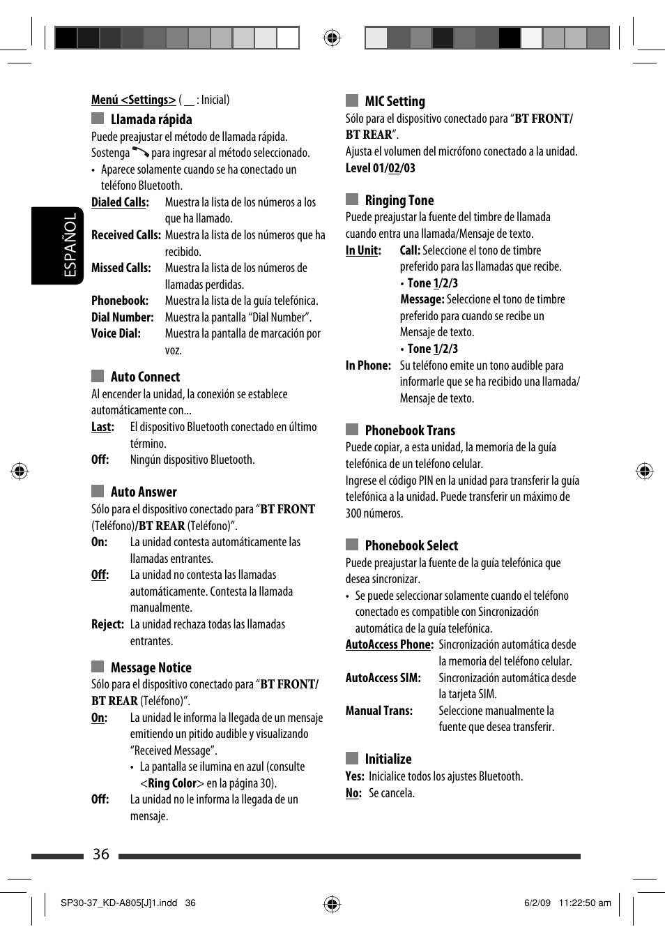 Español 36 | JVC CD Receiver KD-R800 User Manual | Page 86 / 151