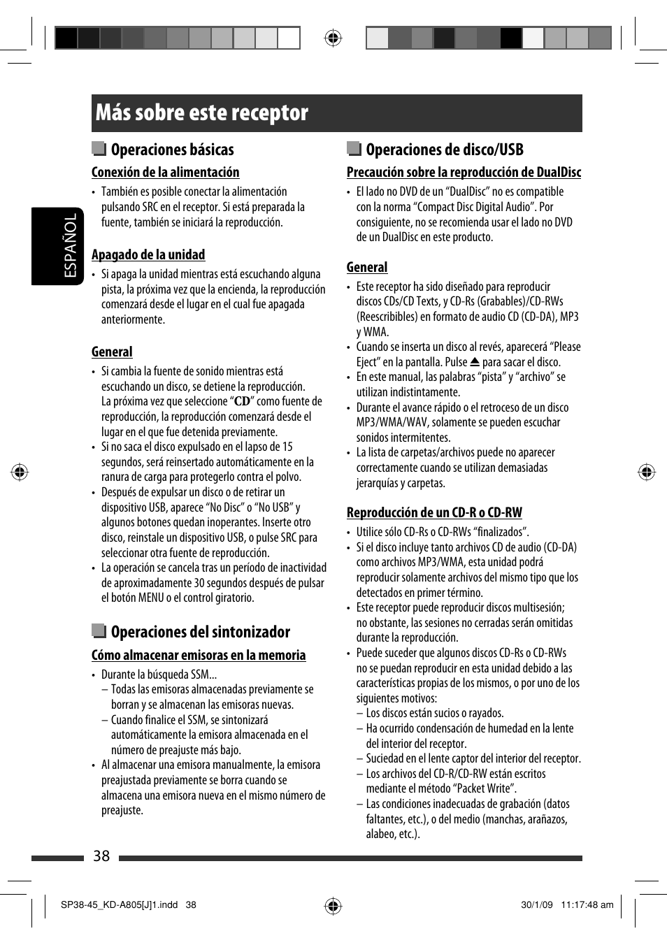 Más sobre este receptor, Operaciones de disco/usb, Operaciones básicas | Operaciones del sintonizador, 38 español | JVC CD Receiver KD-R800 User Manual | Page 88 / 151