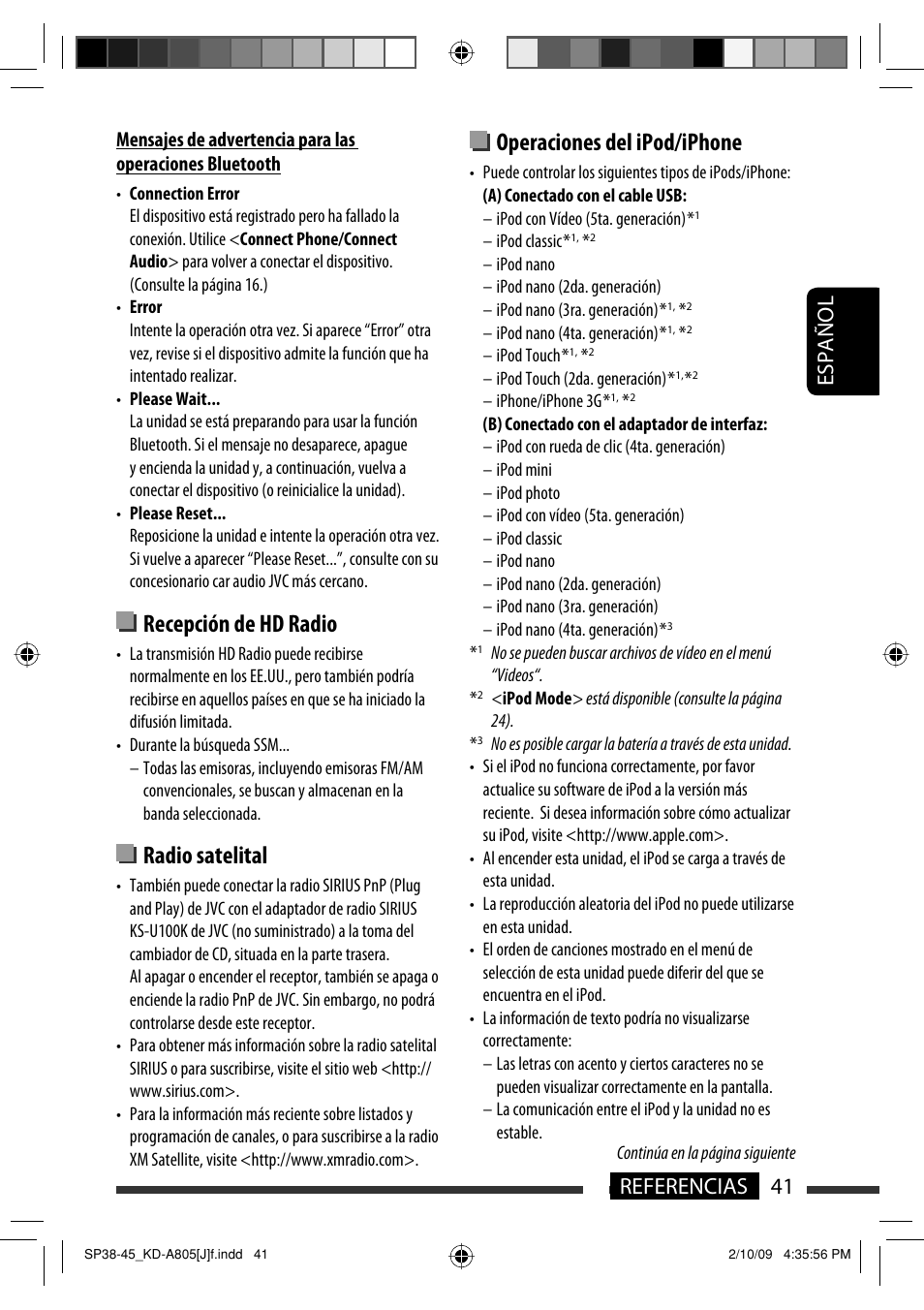 Recepción de hd radio, Radio satelital, Operaciones del ipod/iphone | 41 referencias español | JVC CD Receiver KD-R800 User Manual | Page 91 / 151