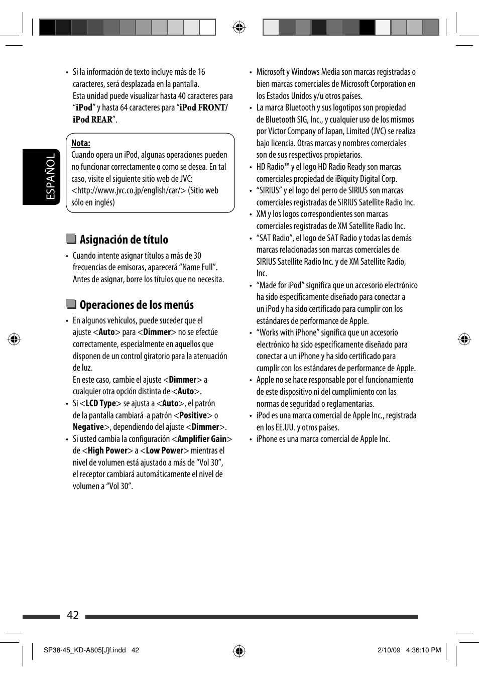 Asignación de título, Operaciones de los menús, 42 español | JVC CD Receiver KD-R800 User Manual | Page 92 / 151