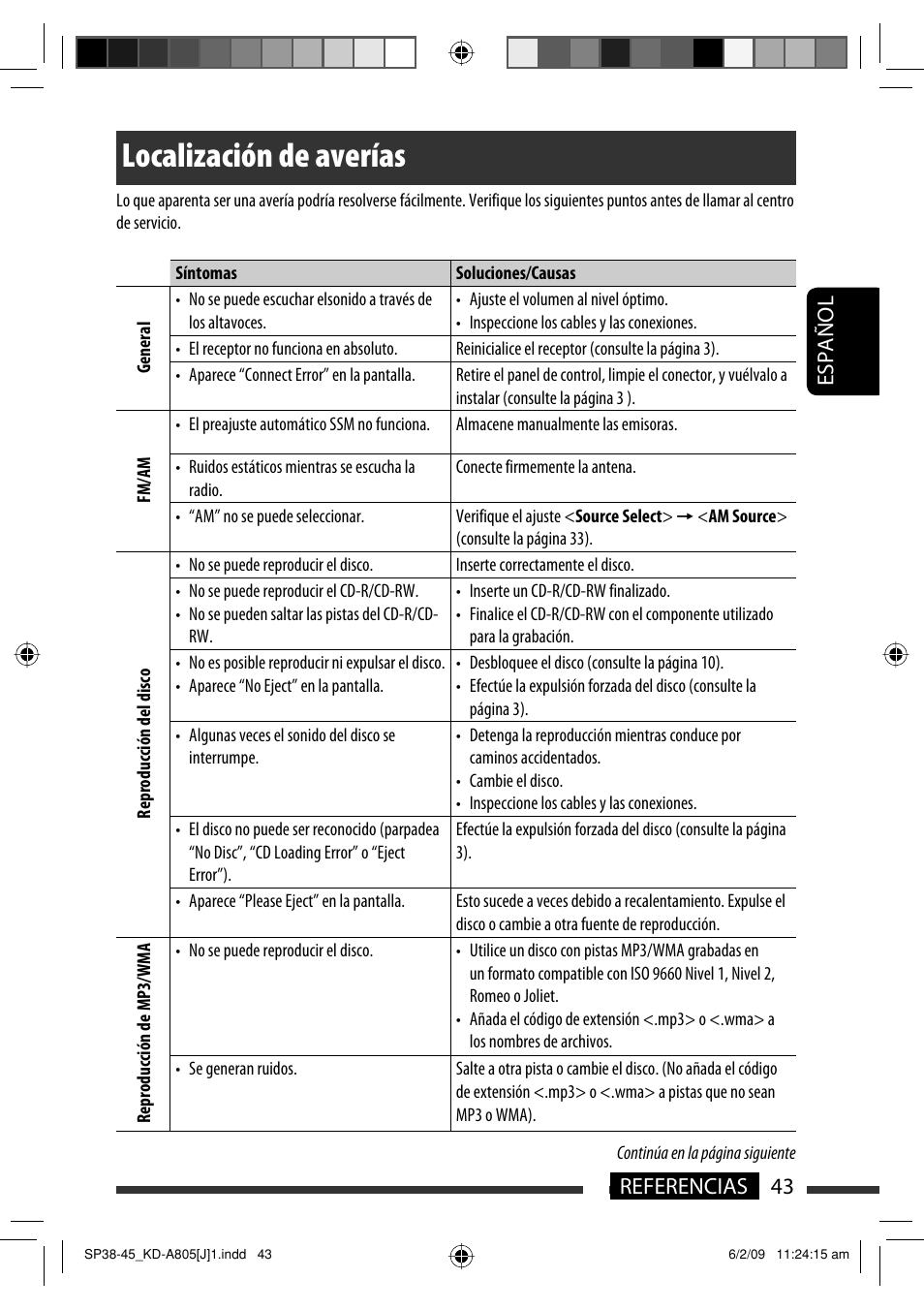 Localización de averías, 43 referencias español | JVC CD Receiver KD-R800 User Manual | Page 93 / 151