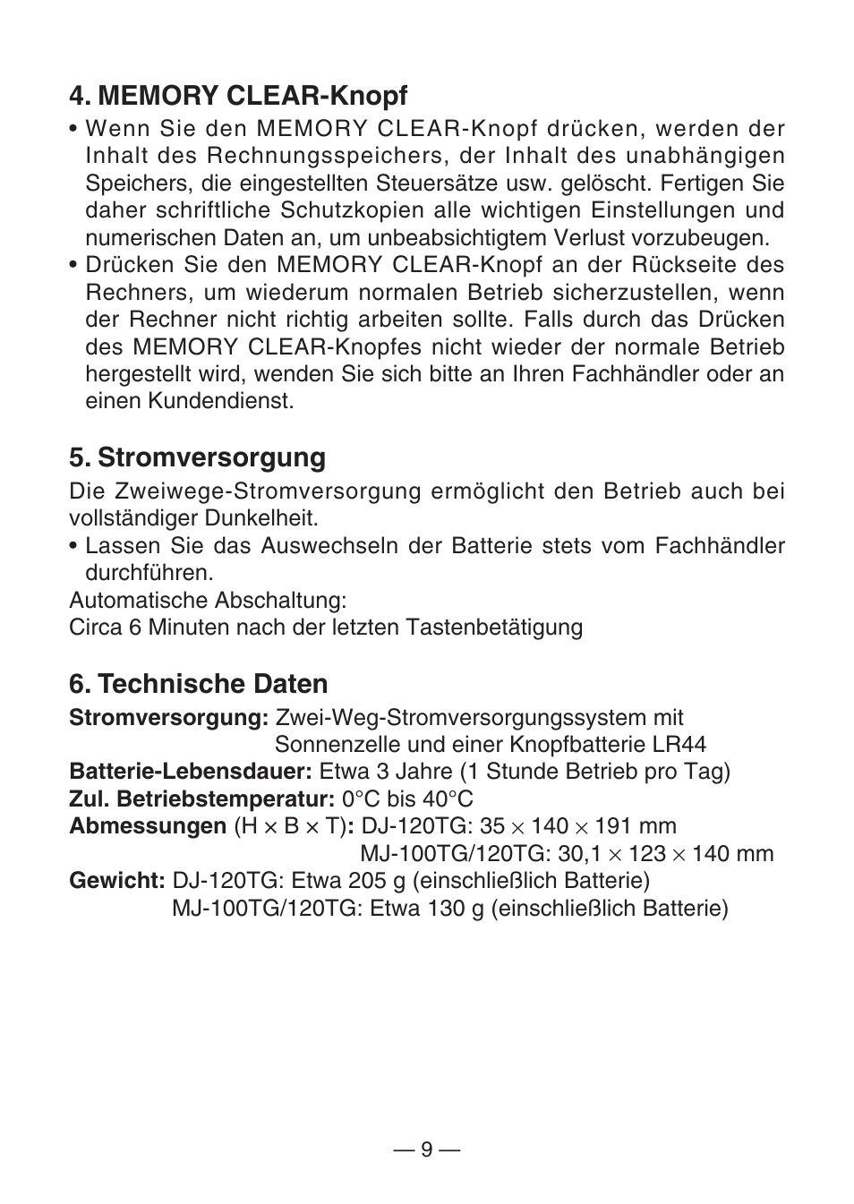 Stromversorgung, Technische daten | Casio MJ-100TG User Manual | Page 11 / 67