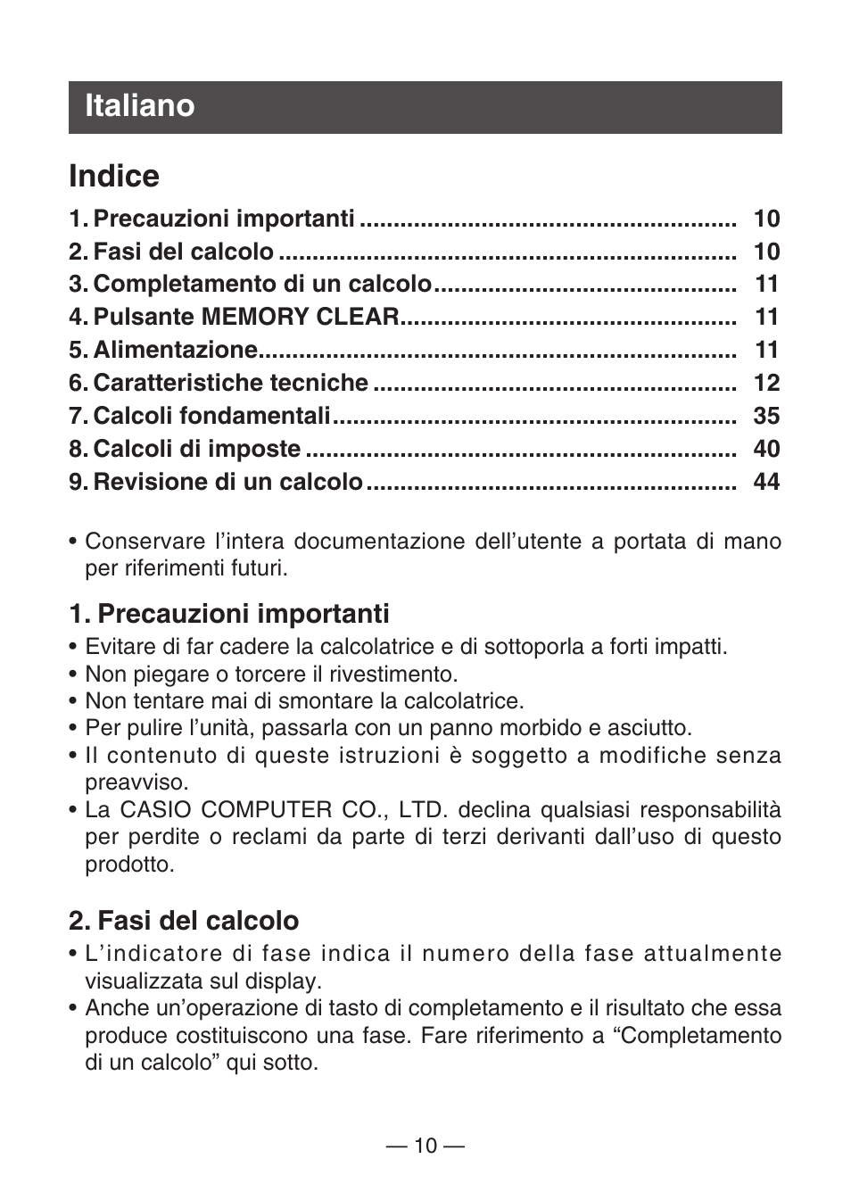 Italiano indice | Casio MJ-100TG User Manual | Page 12 / 67