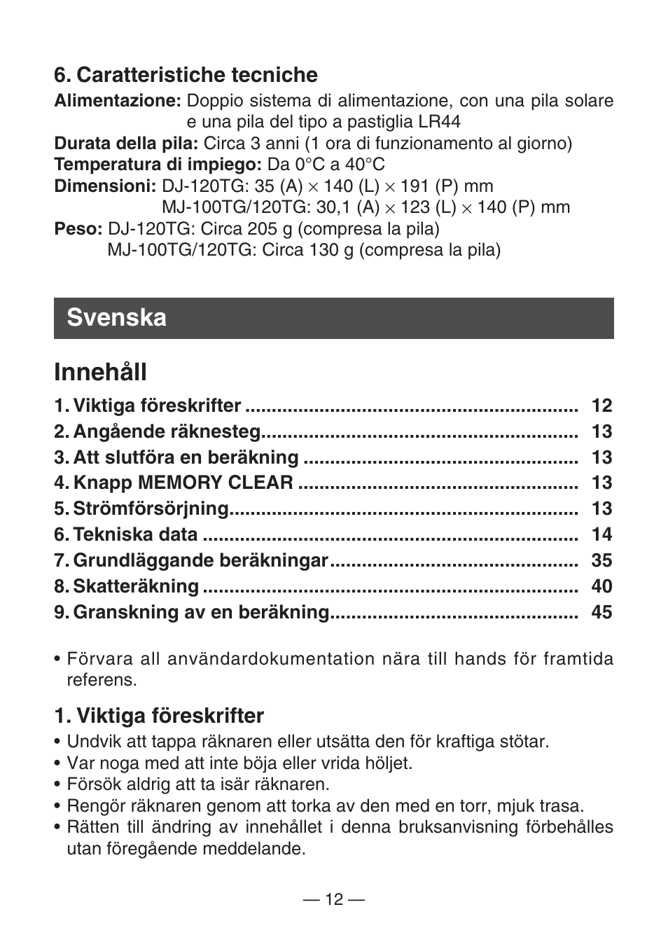 Svenska innehåll | Casio MJ-100TG User Manual | Page 14 / 67