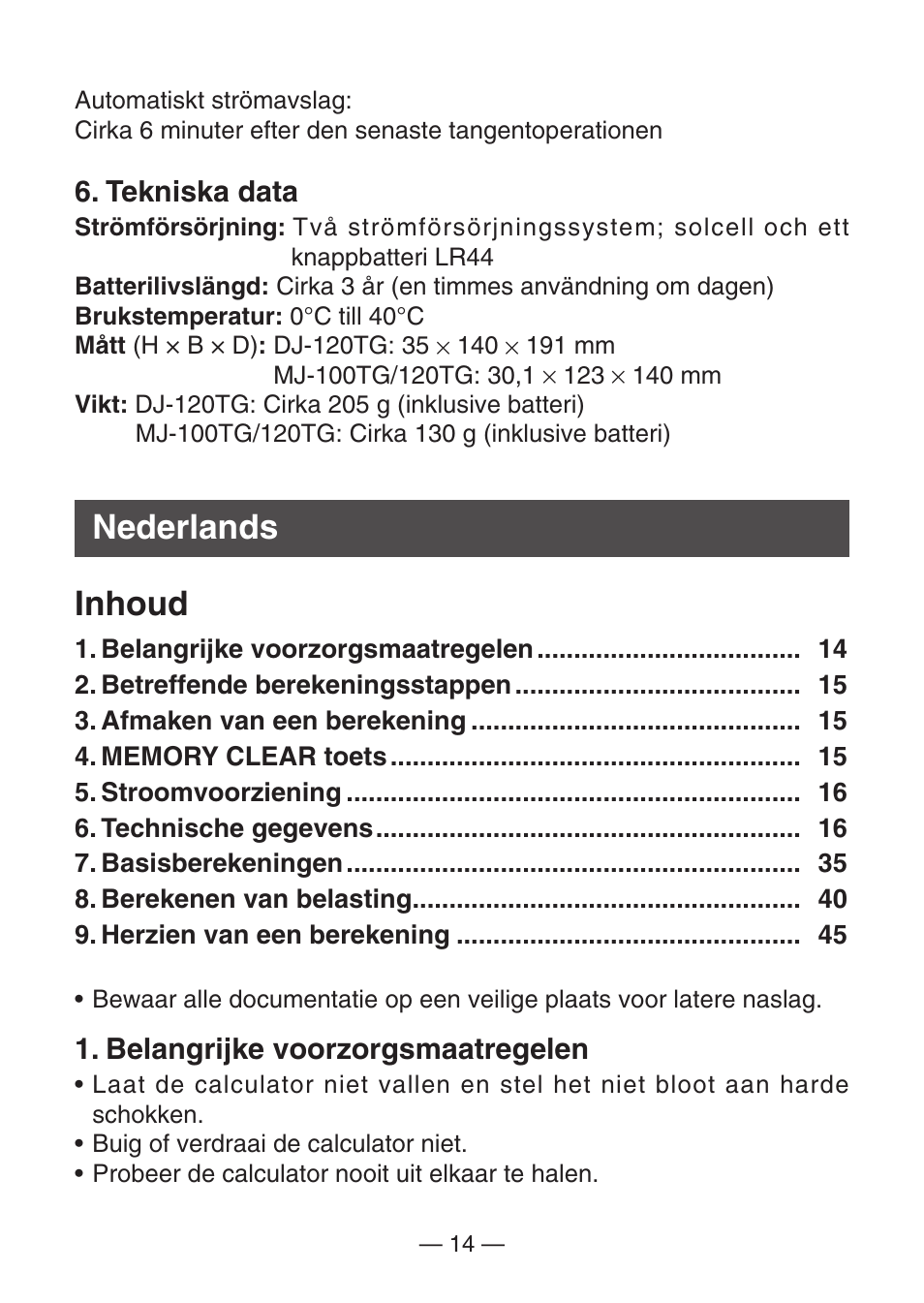 Nederlands inhoud | Casio MJ-100TG User Manual | Page 16 / 67