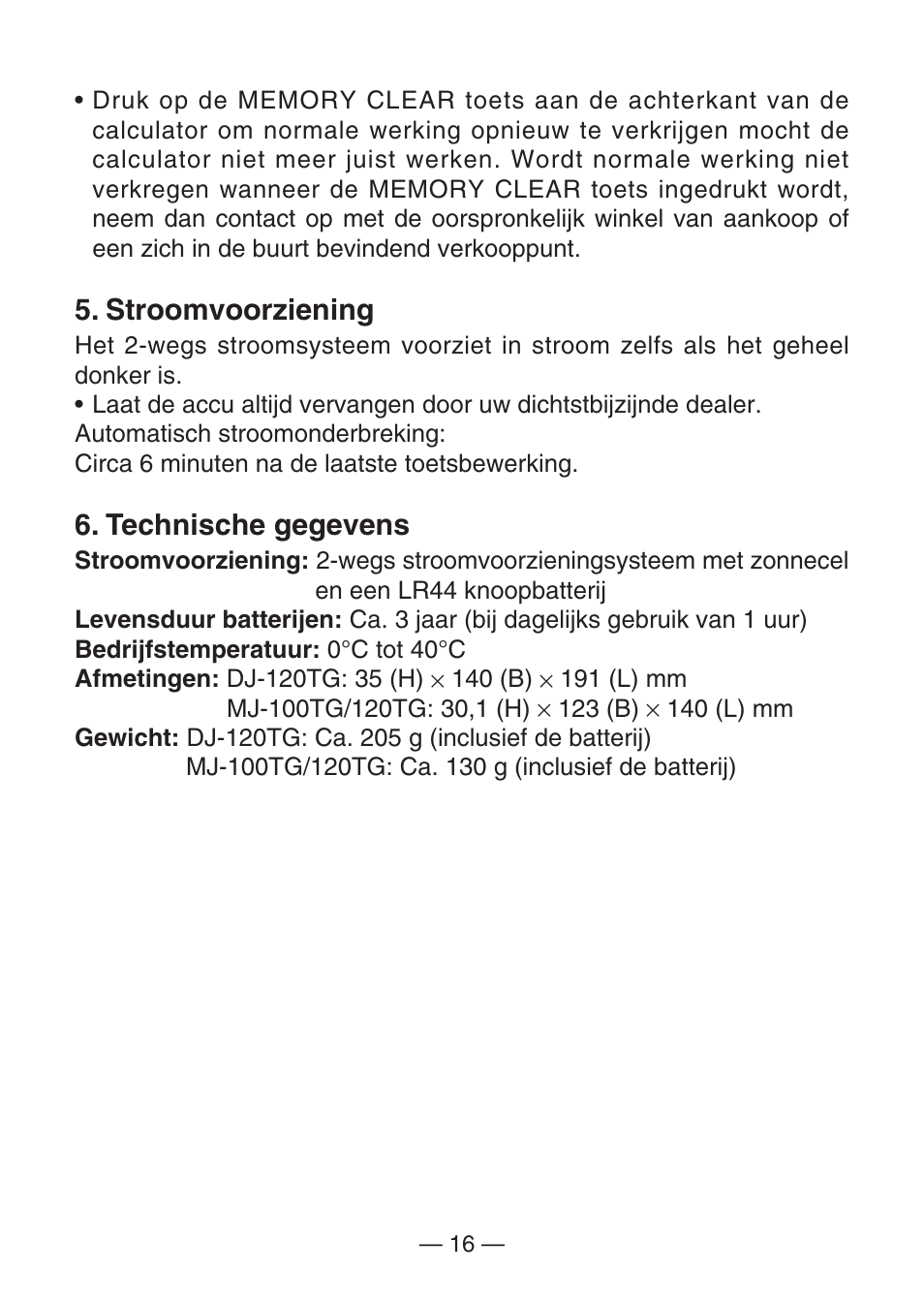 Stroomvoorziening, Technische gegevens | Casio MJ-100TG User Manual | Page 18 / 67