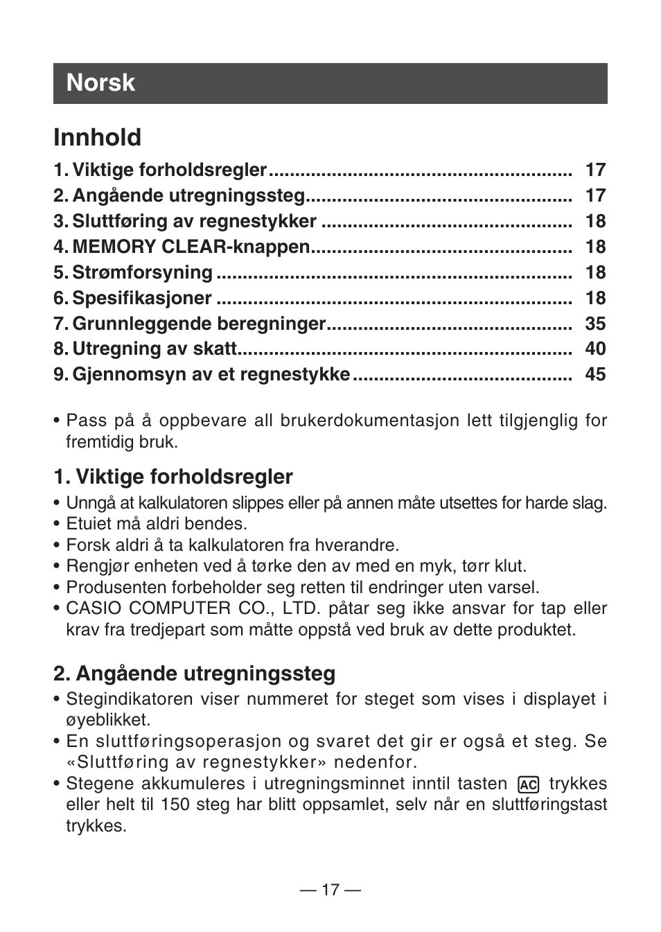 Norsk innhold | Casio MJ-100TG User Manual | Page 19 / 67