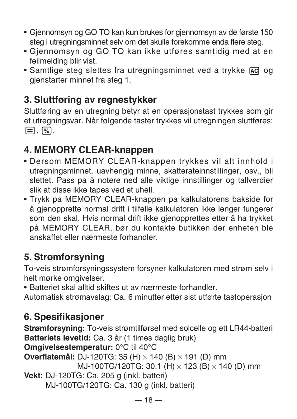 Sluttføring av regnestykker, Strømforsyning, Spesifikasjoner | Casio MJ-100TG User Manual | Page 20 / 67