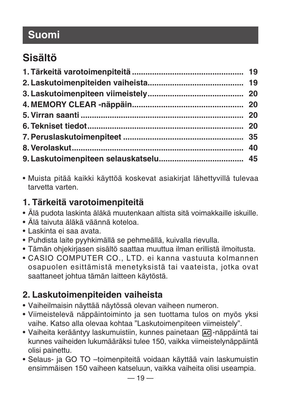 Suomi sisältö | Casio MJ-100TG User Manual | Page 21 / 67