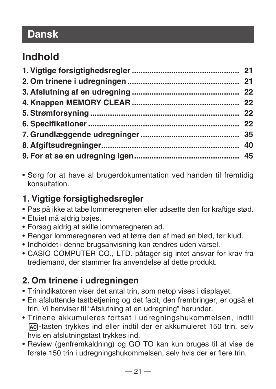 Dansk indhold | Casio MJ-100TG User Manual | Page 23 / 67