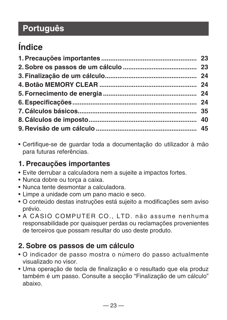 Português índice | Casio MJ-100TG User Manual | Page 25 / 67