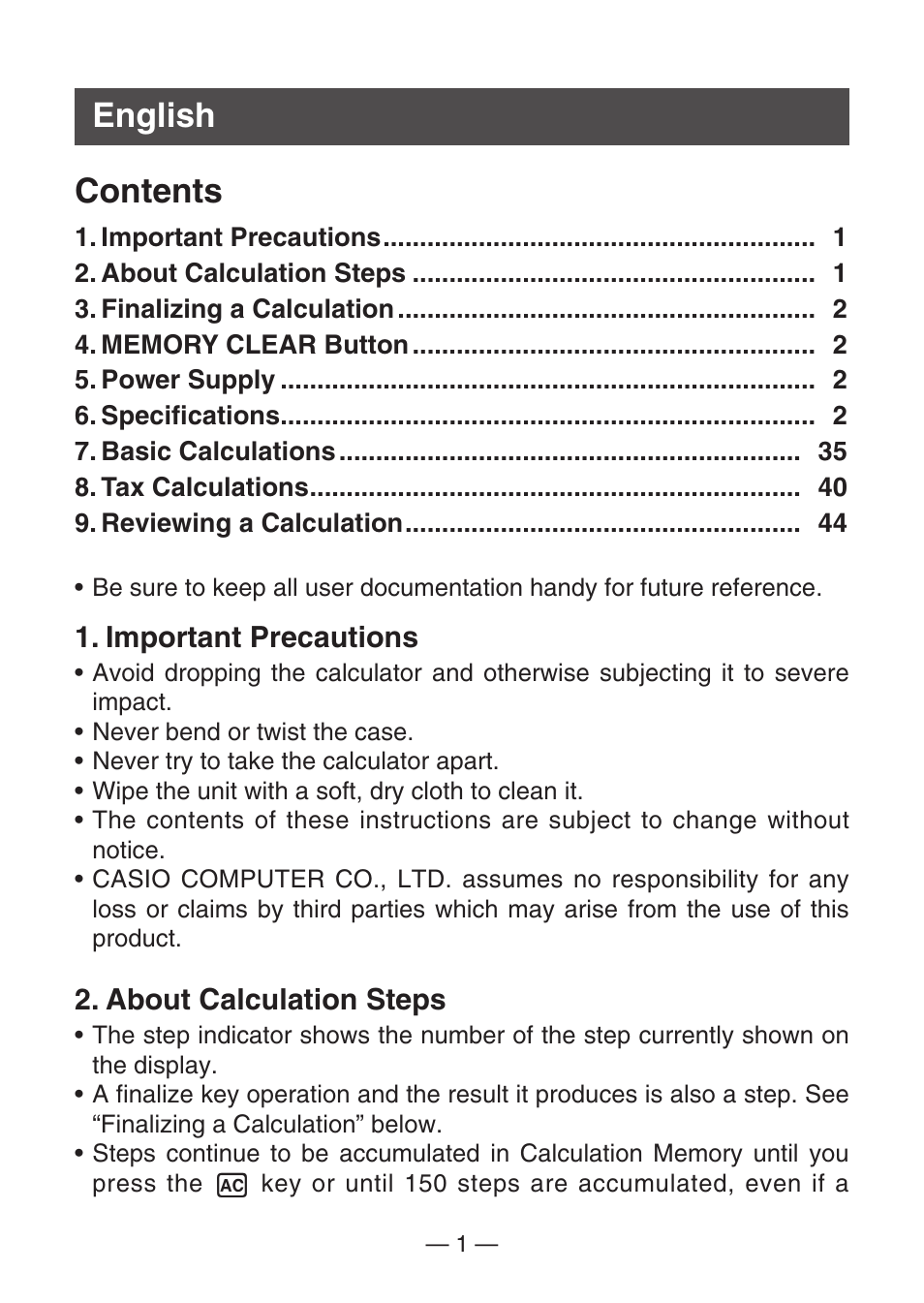 English contents | Casio MJ-100TG User Manual | Page 3 / 67