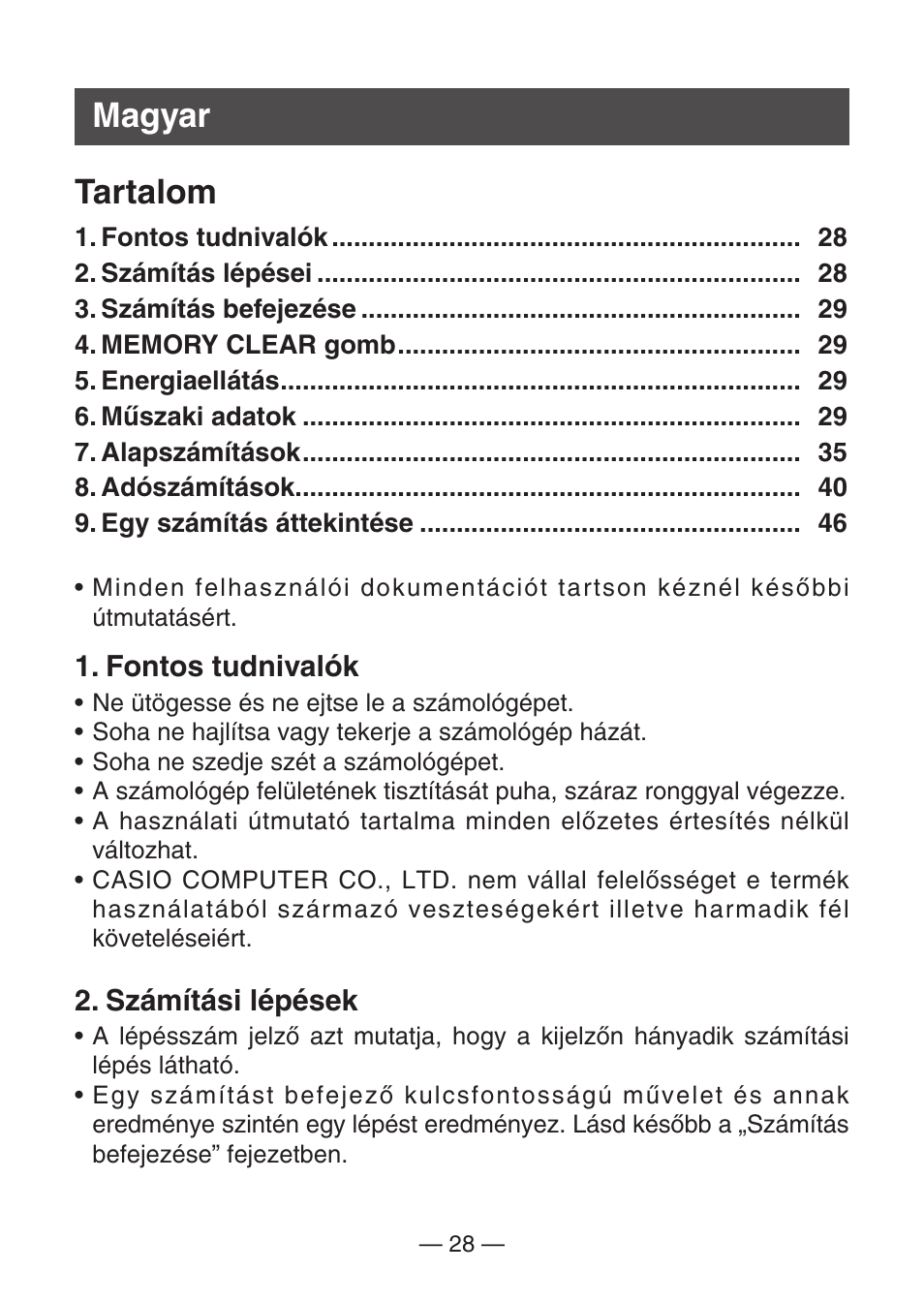 Magyar tartalom | Casio MJ-100TG User Manual | Page 30 / 67