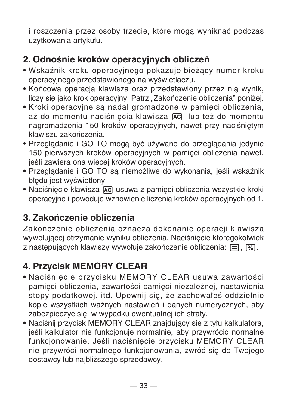 Odnośnie kroków operacyjnych obliczeń, Zakończenie obliczenia | Casio MJ-100TG User Manual | Page 35 / 67