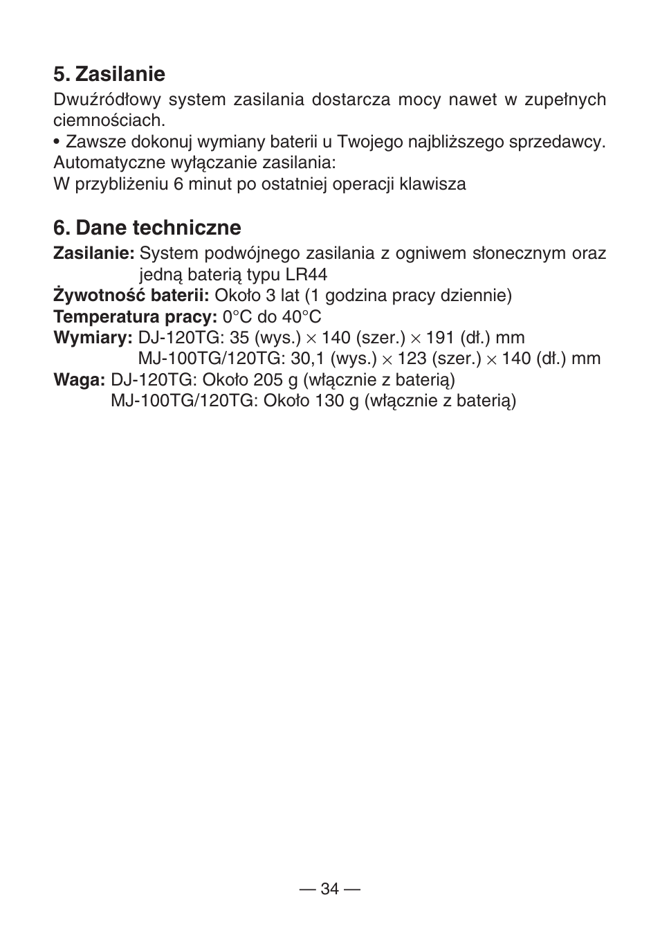 Zasilanie, Dane techniczne | Casio MJ-100TG User Manual | Page 36 / 67