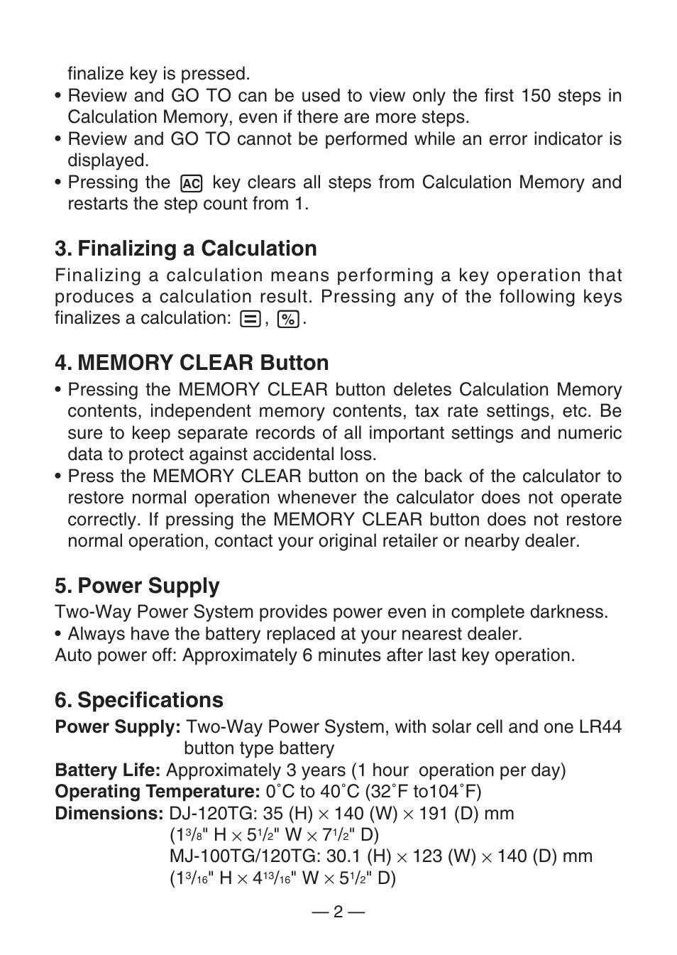 Finalizing a calculation, Power supply, Specifications | Casio MJ-100TG User Manual | Page 4 / 67