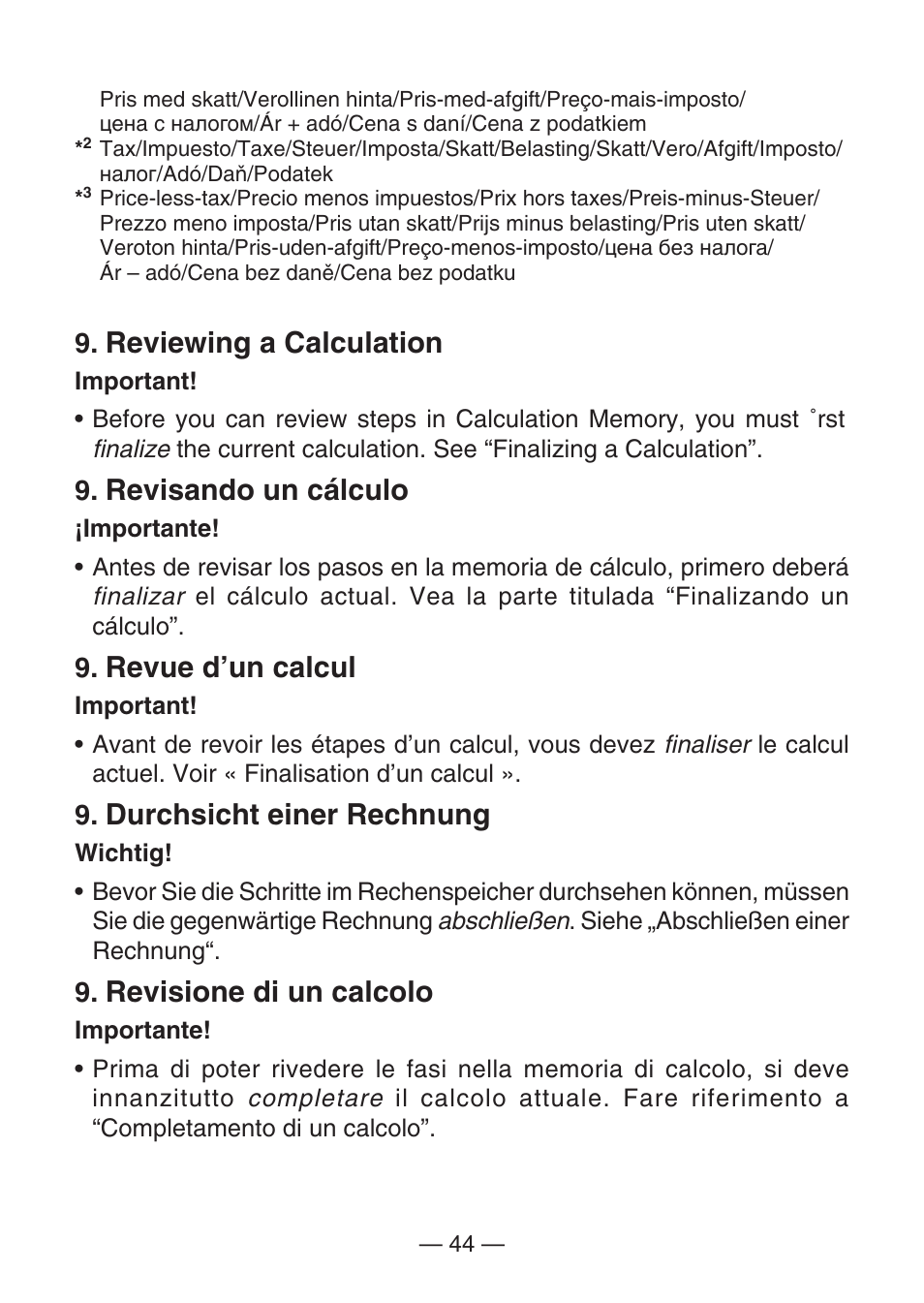 Reviewing a calculation, Revisando un cálculo, Revue d’un calcul | Durchsicht einer rechnung, Revisione di un calcolo | Casio MJ-100TG User Manual | Page 46 / 67