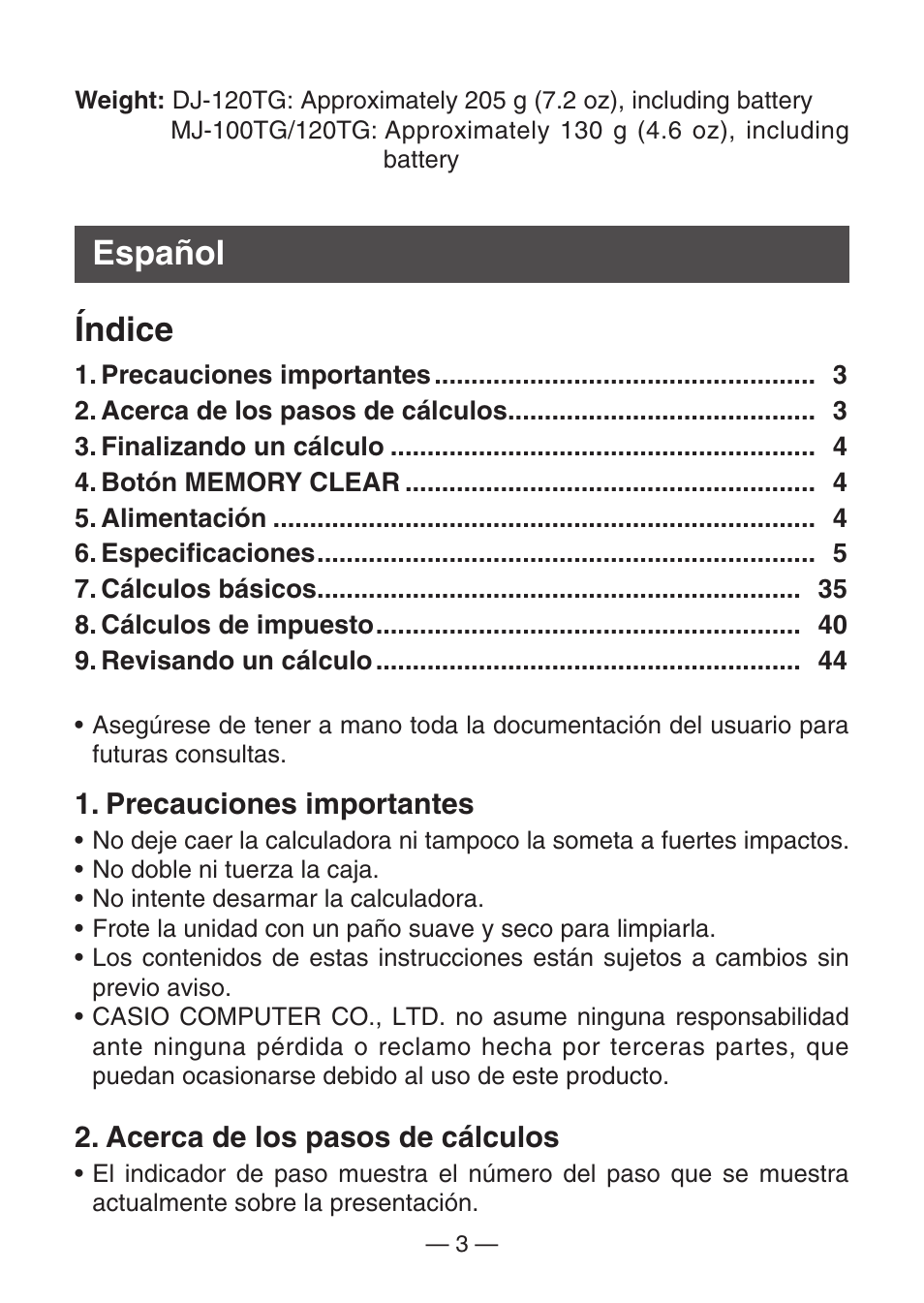 Español índice | Casio MJ-100TG User Manual | Page 5 / 67