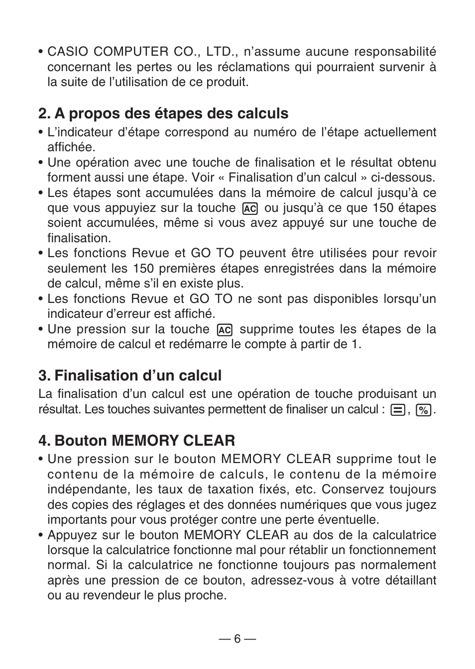 A propos des étapes des calculs, Finalisation d’un calcul | Casio MJ-100TG User Manual | Page 8 / 67
