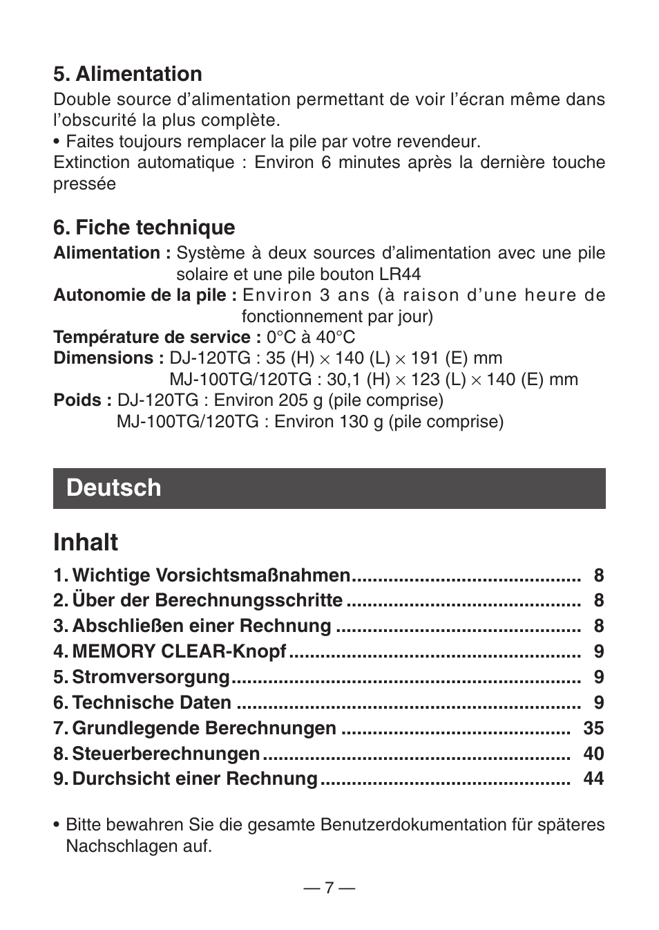 Deutsch inhalt | Casio MJ-100TG User Manual | Page 9 / 67