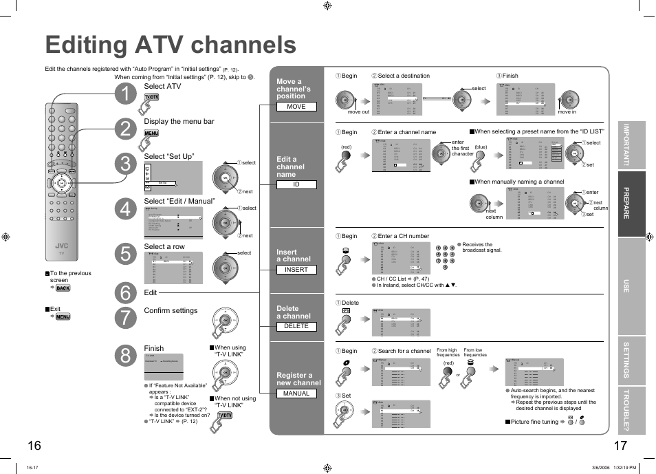 Editing atv channels, Editing atv channels ····················· 16, Select a row edit move a channel’s position | Edit a channel name, Insert a channel, Delete a channel, Register a new channel, Select atv, Import ant! prep are use settings trouble, Move | JVC DynaPix LT-37DR7SJ User Manual | Page 10 / 26