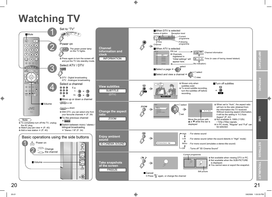 Watching tv, Watching tv ··································· 20, Basic operations using the side buttons | JVC DynaPix LT-37DR7SJ User Manual | Page 12 / 26