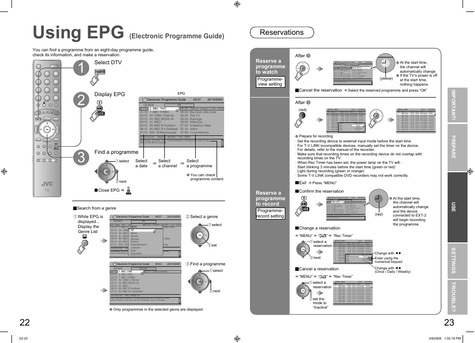 Using epg (electronic programme guide), Using epg ····································· 22, Using epg | Reservations, Electronic programme guide), Select dtv display epg find a programme, Reserve a programme to watch, Reserve a programme to record, Import ant! prep are use settings trouble, Programme- view setting | JVC DynaPix LT-37DR7SJ User Manual | Page 13 / 26