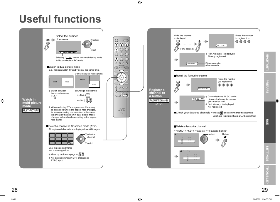 Try the advanced features, Useful functions, Multi-picture / favourite channel | Useful functions ······························ 28, Sleep timer / child lock | JVC DynaPix LT-37DR7SJ User Manual | Page 16 / 26