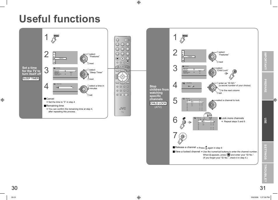 Sleep timer / child lock, Useful functions, Useful functions ······························ 30 | JVC DynaPix LT-37DR7SJ User Manual | Page 17 / 26