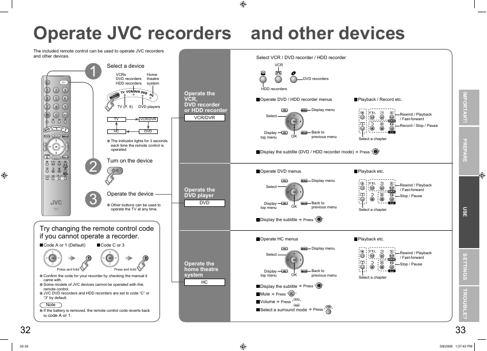 Operate jvc recorders and other devices, Operate jvc recorders and other devices ··· 32, Operate jvc recorders | And other devices | JVC DynaPix LT-37DR7SJ User Manual | Page 18 / 26