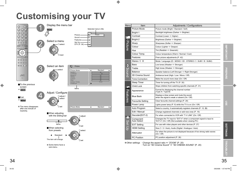 Just the way you like it, Customising your tv, Customising your tv ······················ 34 | Picture, Sound, Features, Set up | JVC DynaPix LT-37DR7SJ User Manual | Page 19 / 26