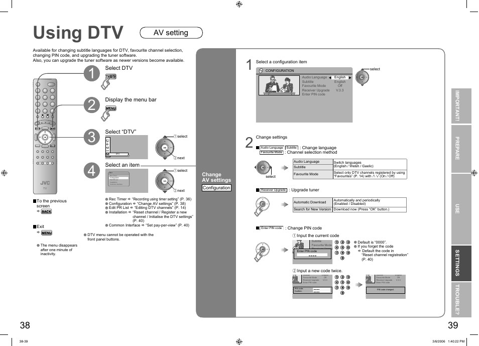 Using dtv, Av setting, Change av settings | Display the menu bar select “dtv, Select dtv, Select an item | JVC DynaPix LT-37DR7SJ User Manual | Page 21 / 26