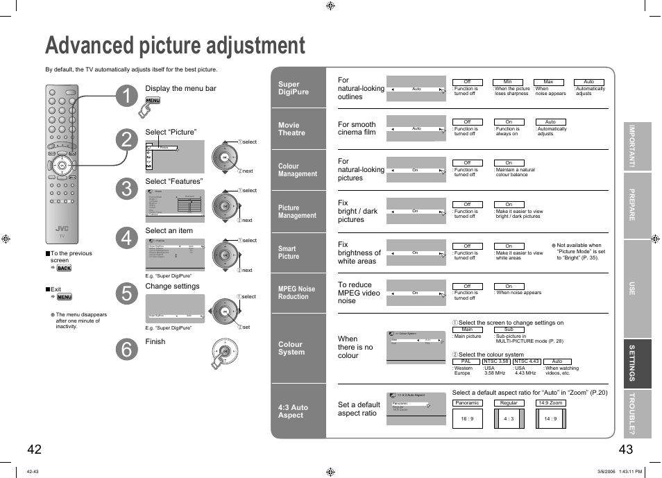 Advanced picture adjustment, Reduce noise / watch a more natural picture, Set the aspect ratio, etc | Advanced picture adjustment ········· 42 | JVC DynaPix LT-37DR7SJ User Manual | Page 23 / 26