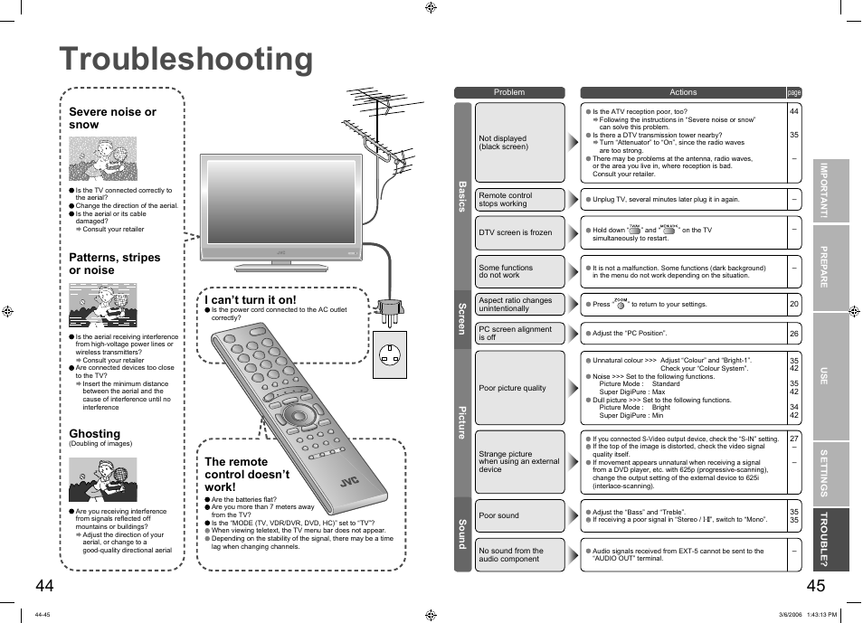 When you have trouble, Troubleshooting, Troubleshooting ····························· 44 | Severe noise or snow, Patterns, stripes or noise i can’t turn it on, The remote control doesn’t work, Ghosting | JVC DynaPix LT-37DR7SJ User Manual | Page 24 / 26