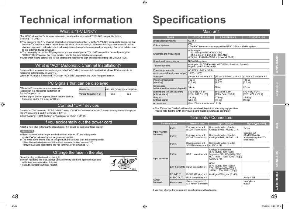 Technical information, Specifications, Technical information ····················· 48 | Main unit terminals / connectors | JVC DynaPix LT-37DR7SJ User Manual | Page 26 / 26