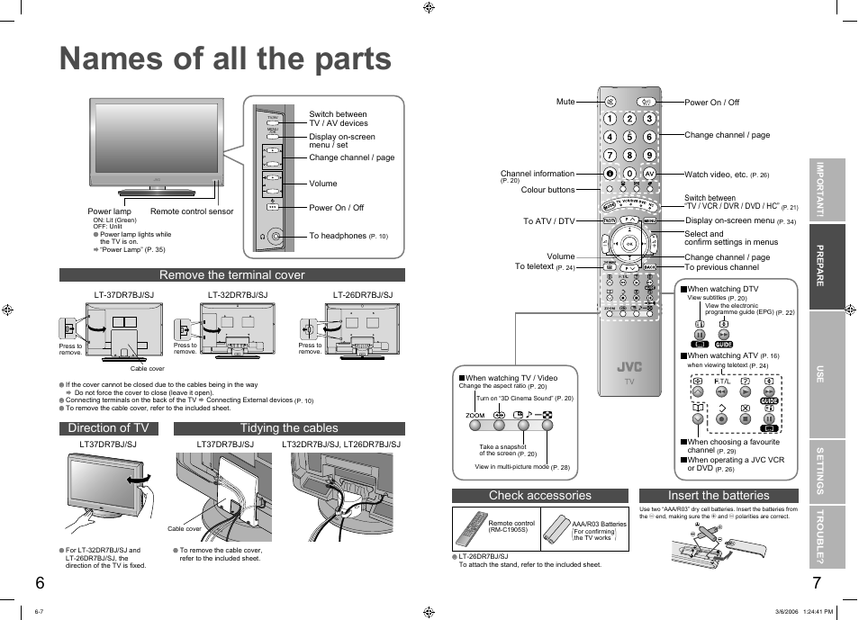 Getting started, Names of all the parts, Names of all the parts ······················ 6 | Remove the terminal cover direction of tv, Check accessories, Insert the batteries, Tidying the cables | JVC DynaPix LT-37DR7SJ User Manual | Page 5 / 26