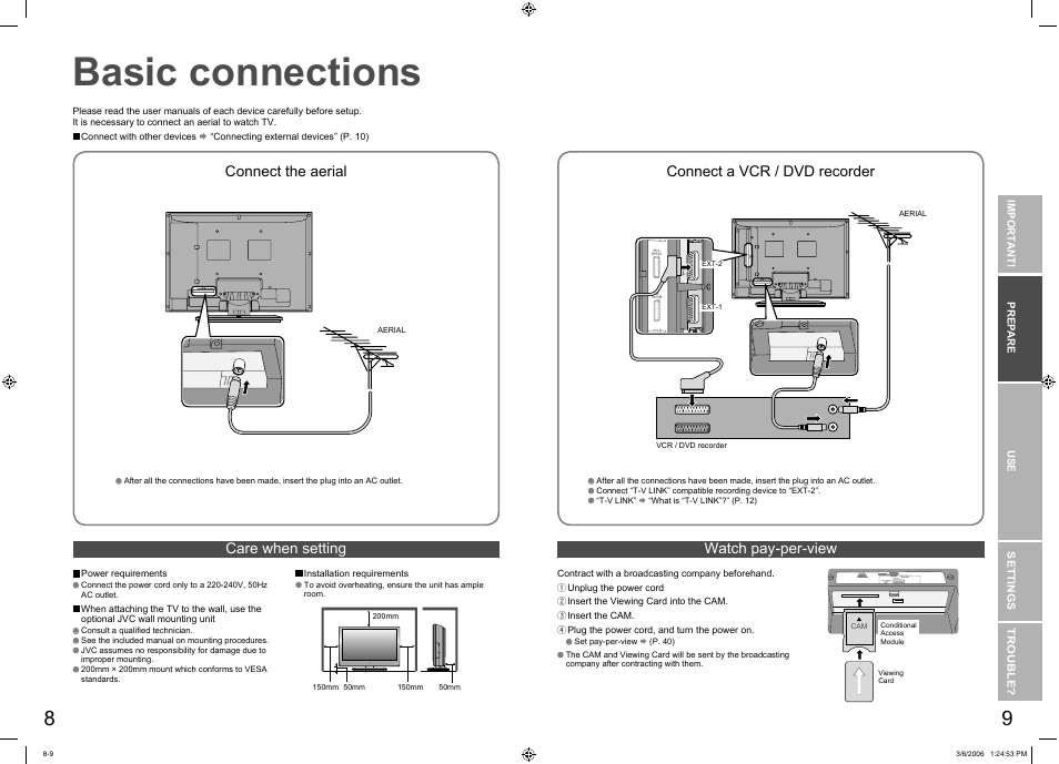 Basic connections, Basic connections ···························· 8, Care when setting watch pay-per-view | Connect the aerial, Connect a vcr / dvd recorder | JVC DynaPix LT-37DR7SJ User Manual | Page 6 / 26