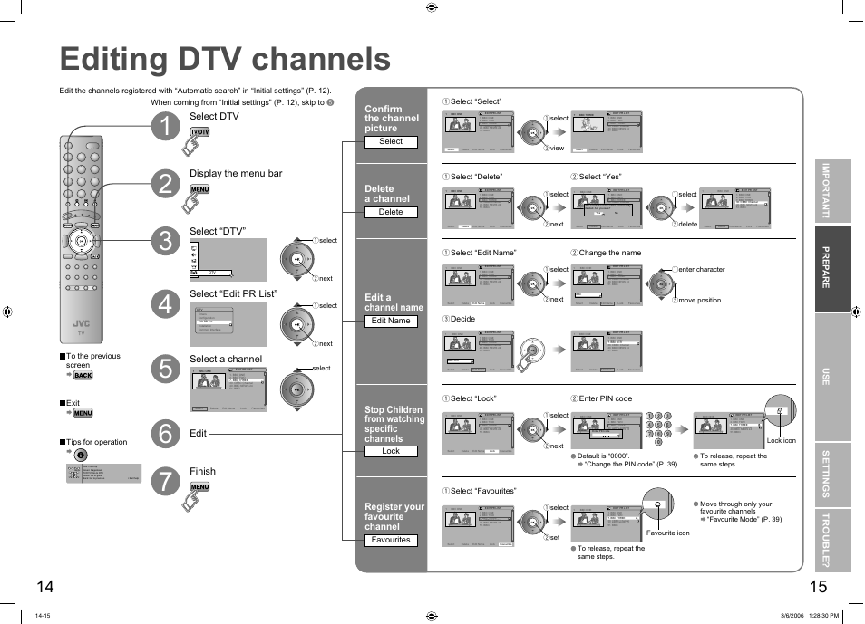 Editing dtv channels, Editing dtv channels ····················· 14, Conﬁrm the channel picture | Edit a channel name, Delete a channel, Stop children from watching speciﬁc channels, Register your favourite channel, Import ant! prep are use settings trouble, Select, Edit name | JVC DynaPix LT-37DR7SJ User Manual | Page 9 / 26