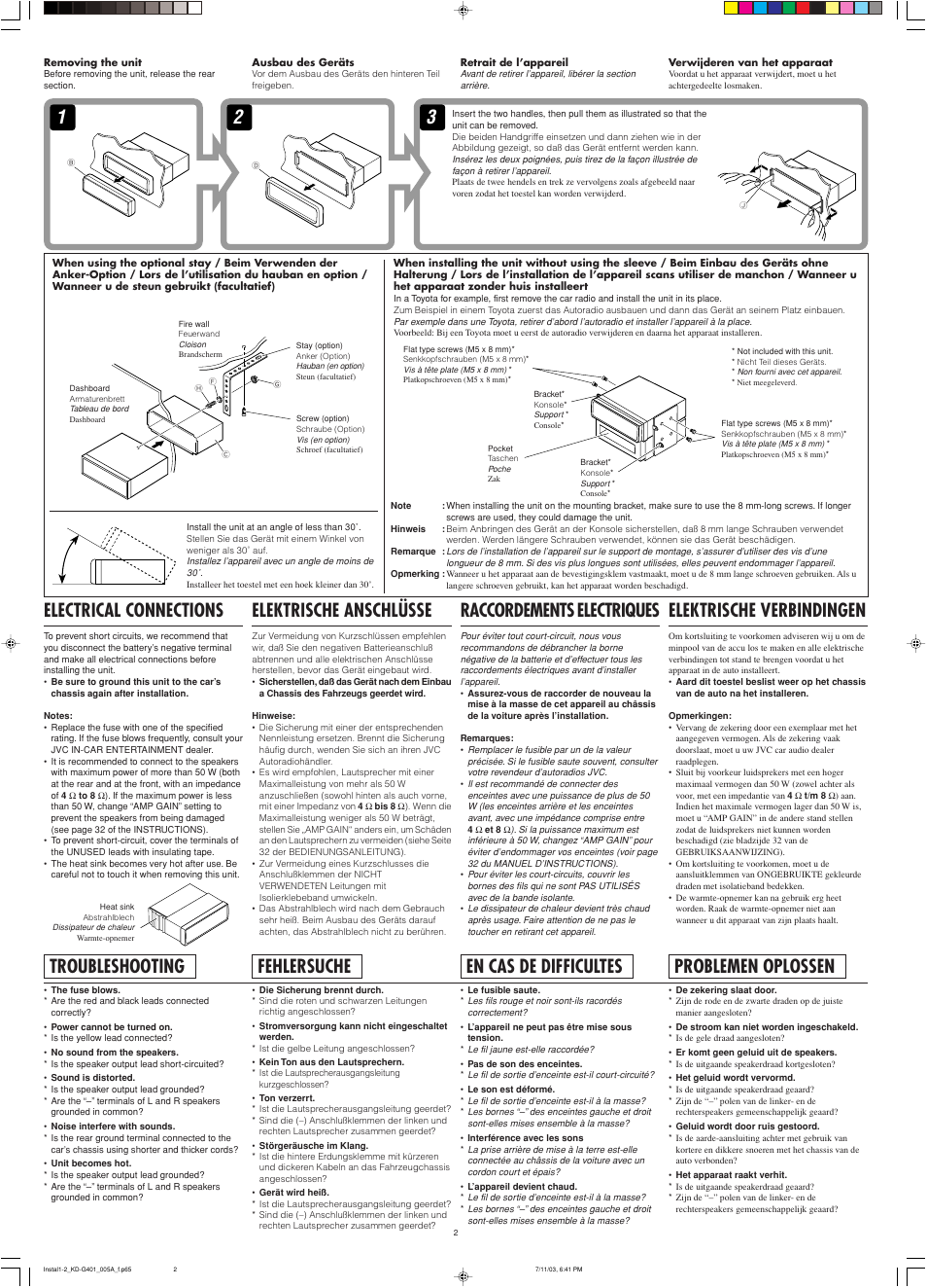 Raccordements electriques, Elektrische anschlüsse, Elektrische verbindingen | Electrical connections, Troubleshooting, Fehlersuche, En cas de difficultes, Problemen oplossen | JVC KD-G401  EN User Manual | Page 2 / 4