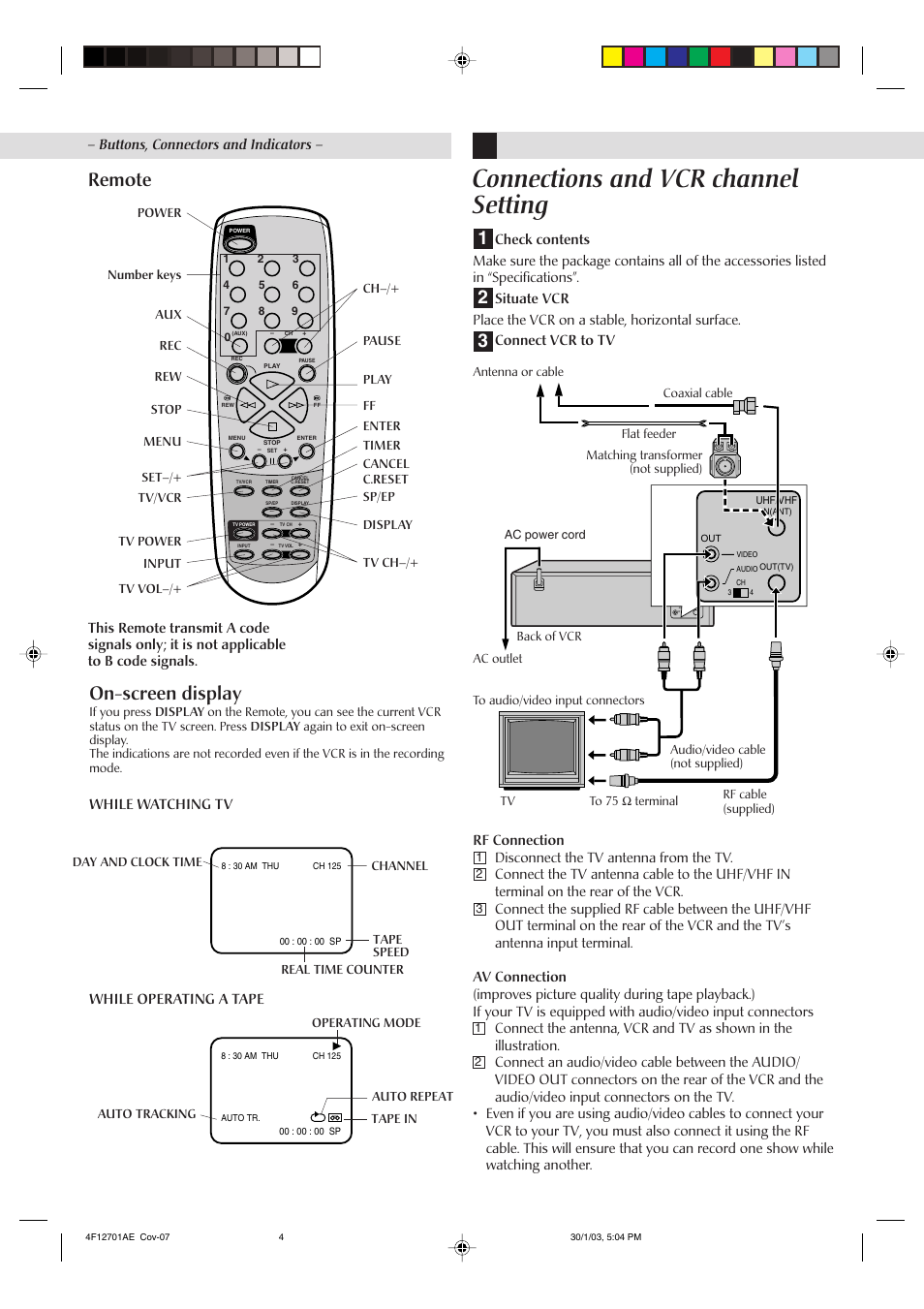 Connections and vcr channel setting, Remote, 12 3 on-screen display | While operating a tape while watching tv, Buttons, connectors and indicators | JVC HR-J4010UM User Manual | Page 4 / 13