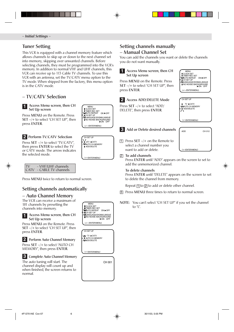 Tv/catv selection, Tuner setting, Setting channels manually – manual channel set | JVC HR-J4010UM User Manual | Page 6 / 13